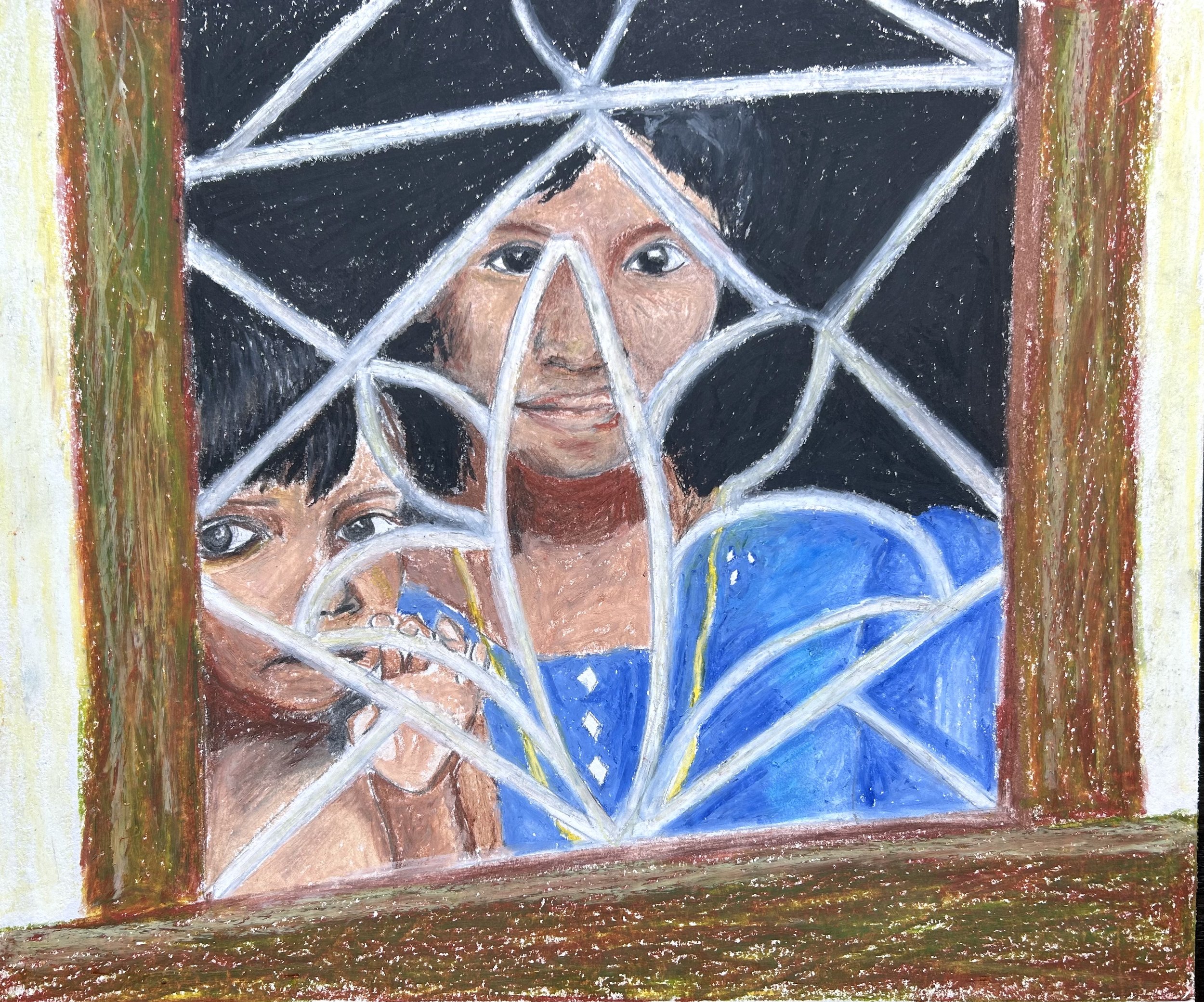 Sisters Behind Window, Sri Lanka, oil pastel on paper, 12" x 16", 2006