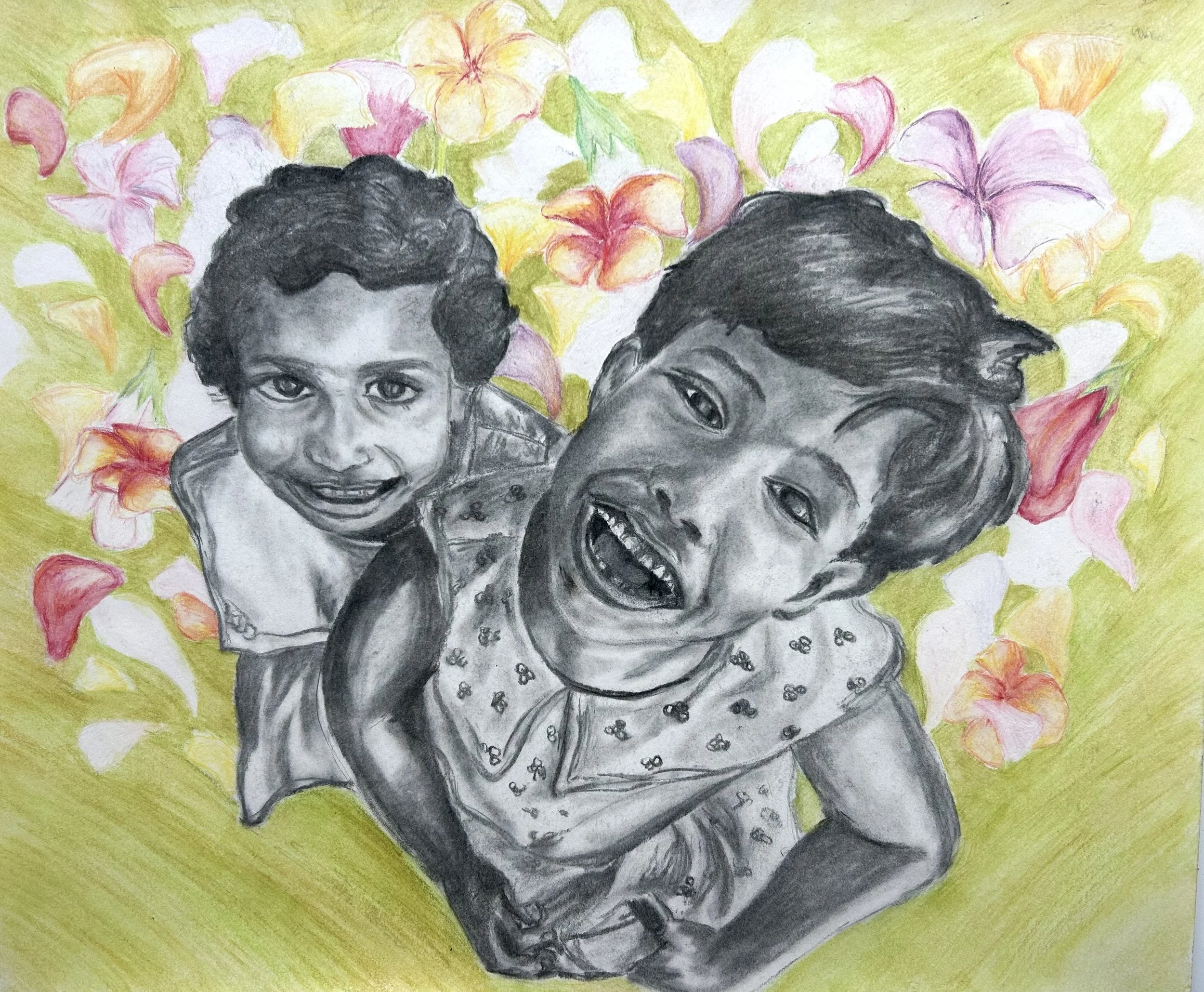 Sisters, Sri Lanka, 12" x 16", charcoal and watercolor on paper, 2006