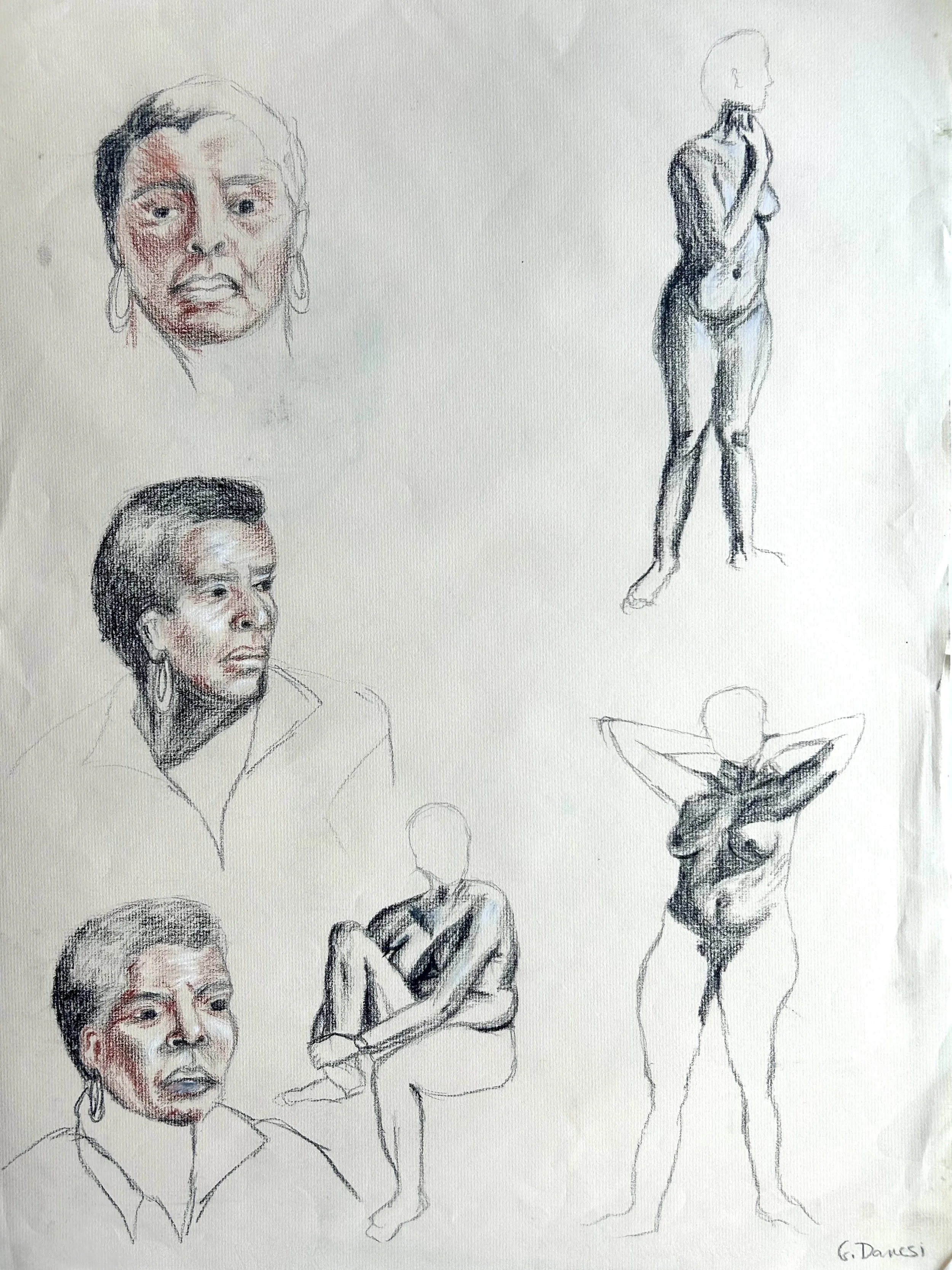 Female Figure and Facial Study, charcoal and conte crayon on paper, 18" x 24", 1995