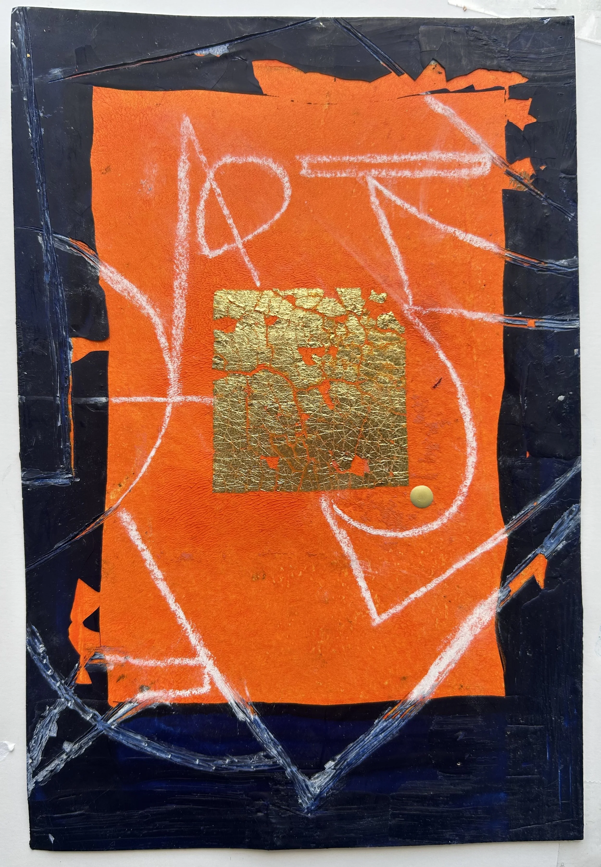 Orange and Navy, encaustic, metal leaf, oil pastel, 6" x 8", 2024