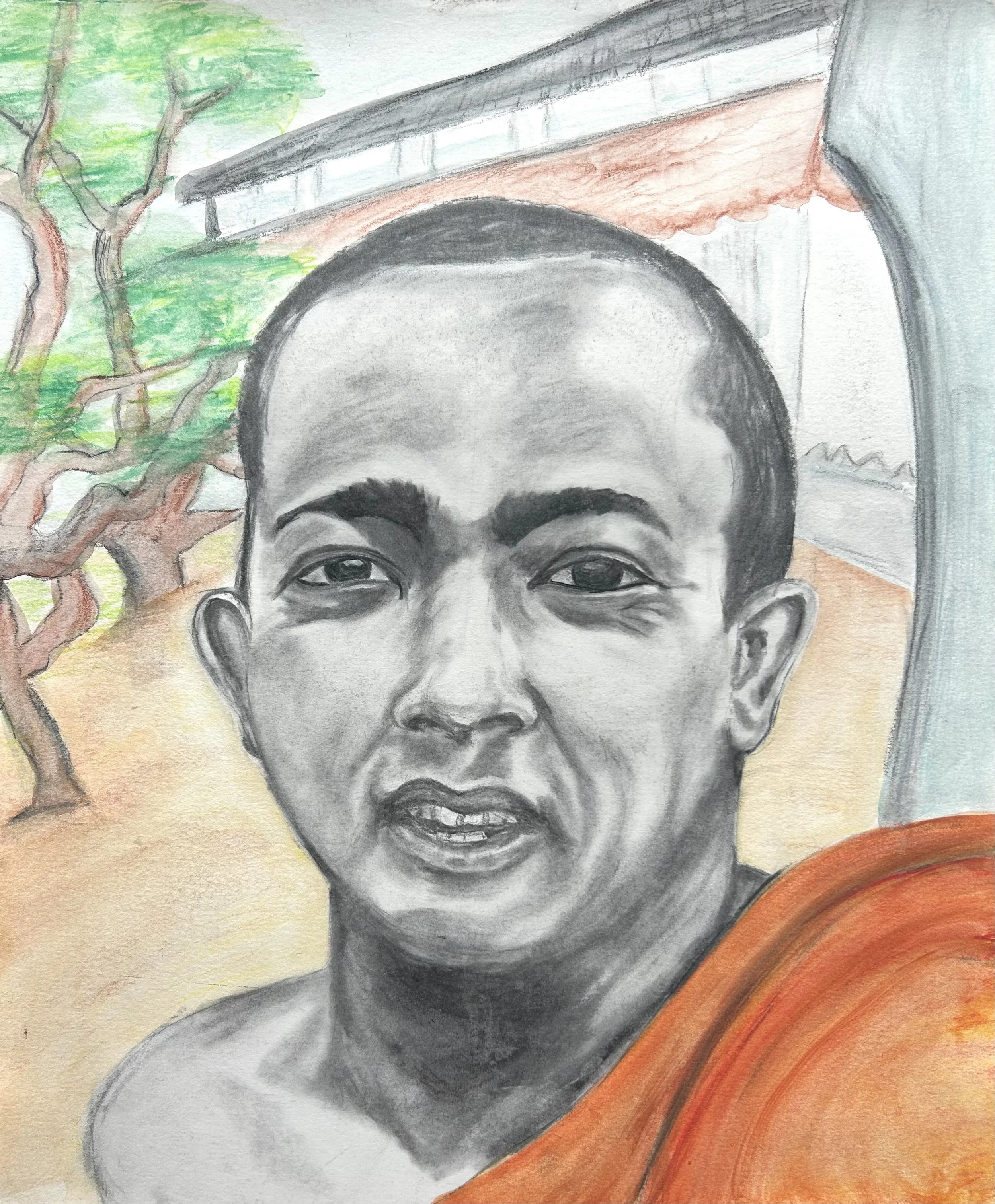 Buddhist Monk in Training, charcoal and watercolor on paper, 11" x 14", 2006