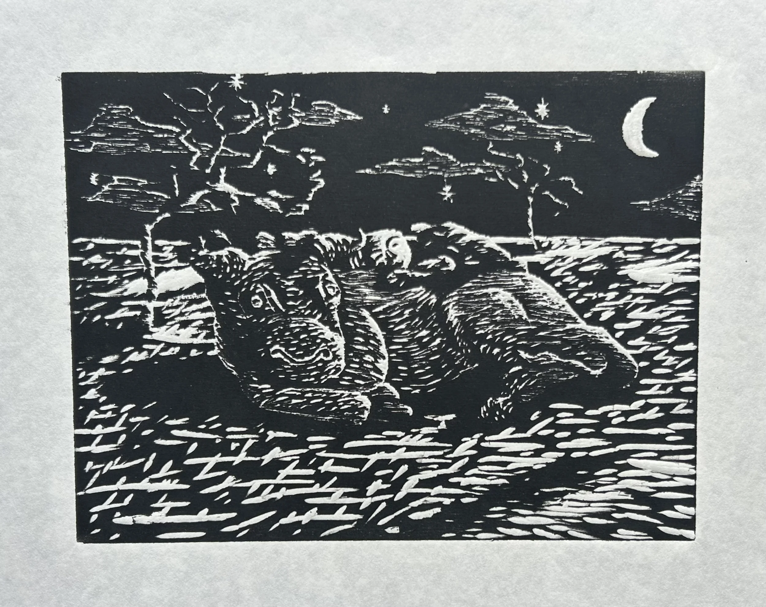 Boy Sleeping on the Back of a Water Buffalo, woodcut, 8" x 10", 1997