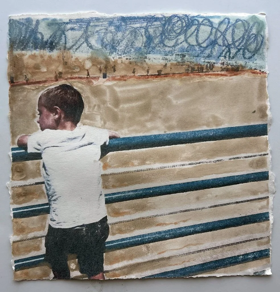 Cam on the Santa Monica Pier, monoprint, 8" x 8", 2024