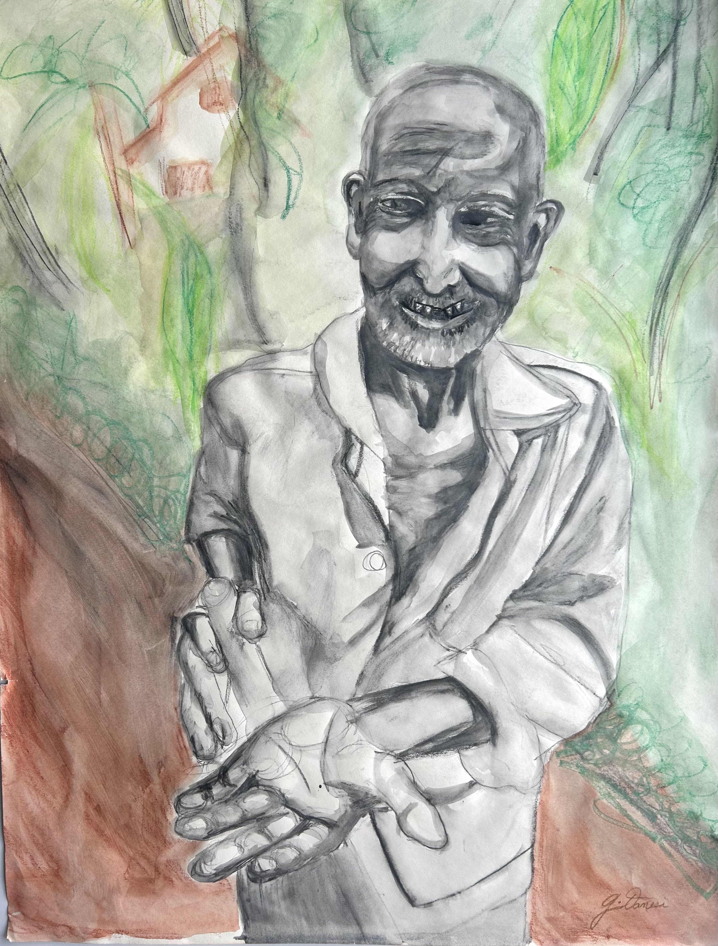 Sri Lankan Elder, charcoal and watercolor on paper, 18" x 24", 2006