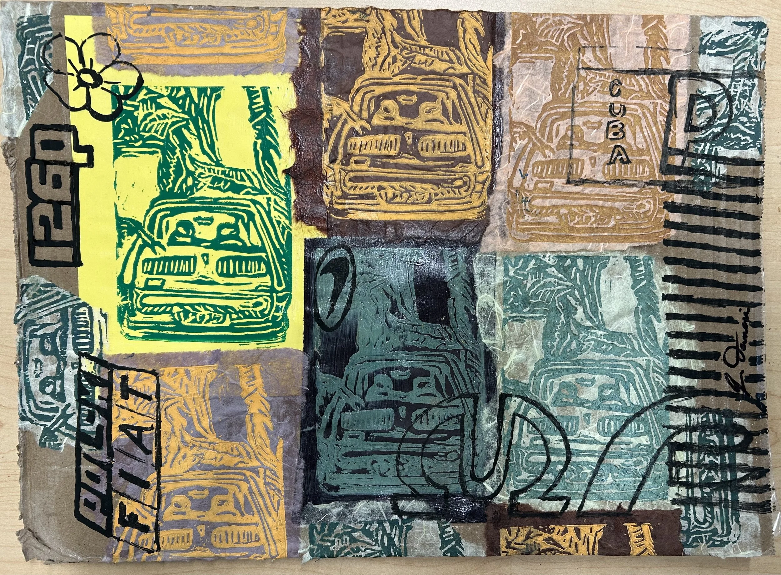 Polski Fiat, ink and block print on cardboard, 12" x 17", 2025