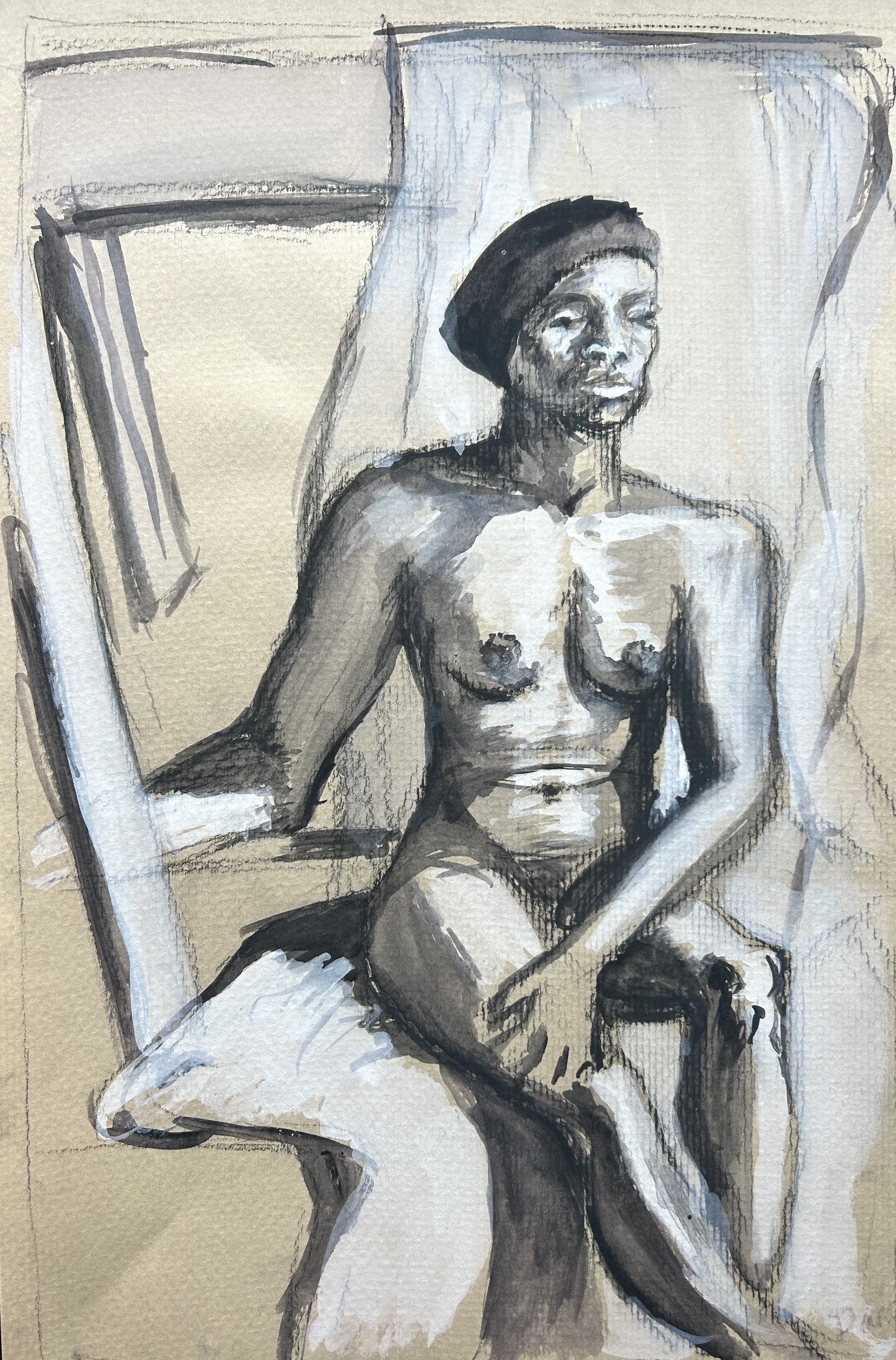 Seated Figure with Curtain, ink on paper, 11" x 14", 1994