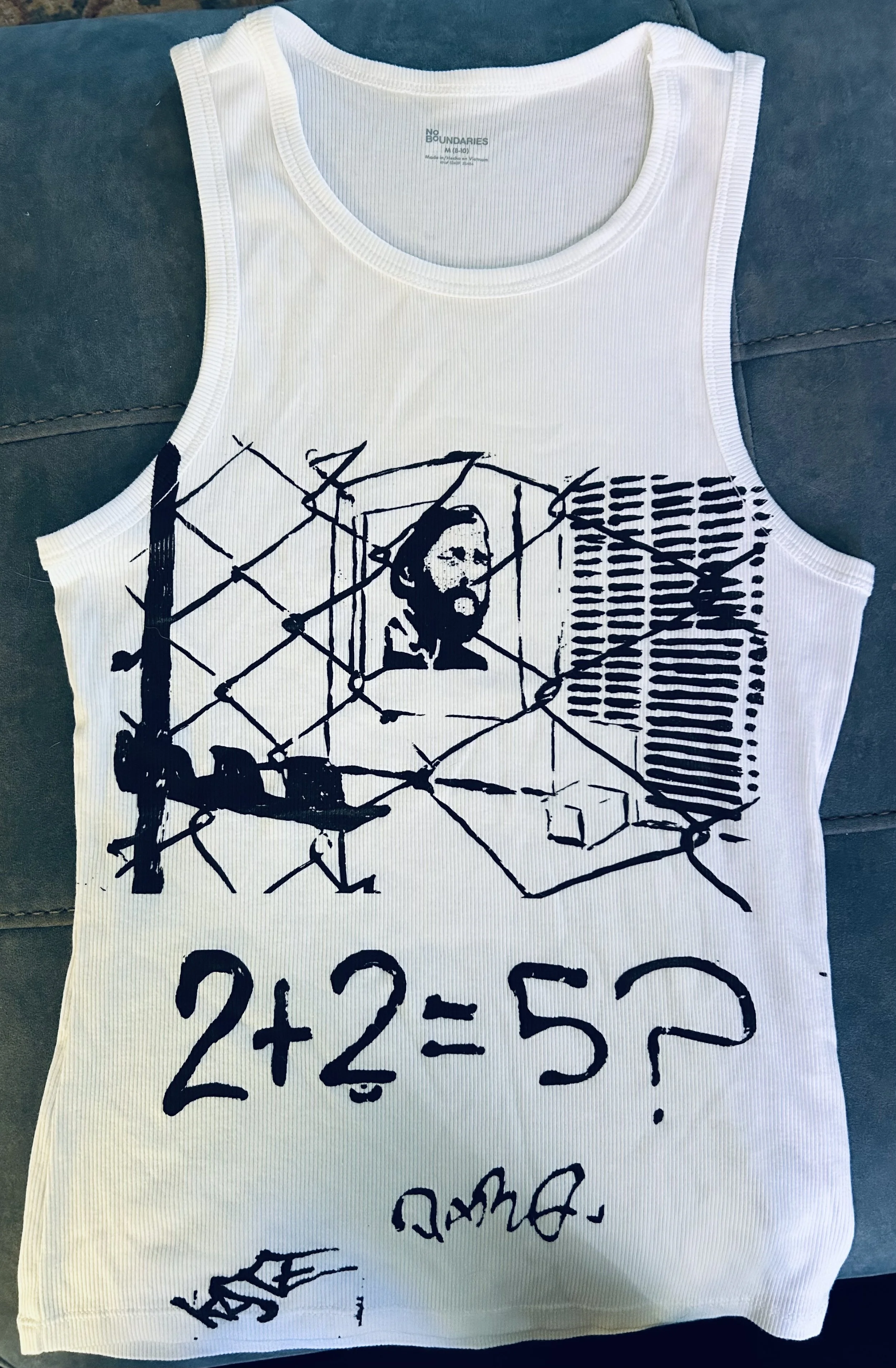 2 + 2 = 5?, screenprint on tank, 2025
