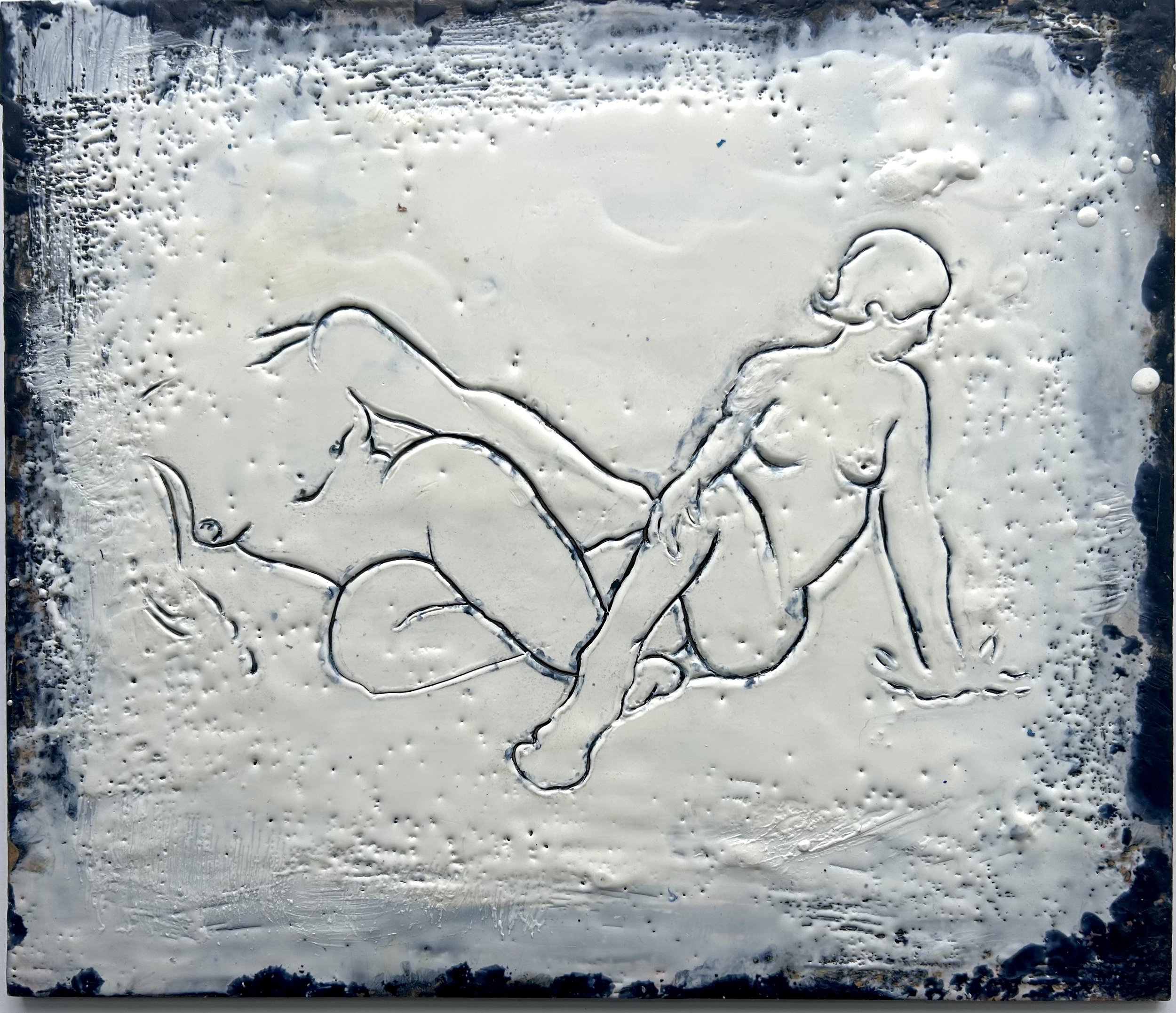 2 Figures in Navy and White, encaustic on wood, 12" x 14", 2024