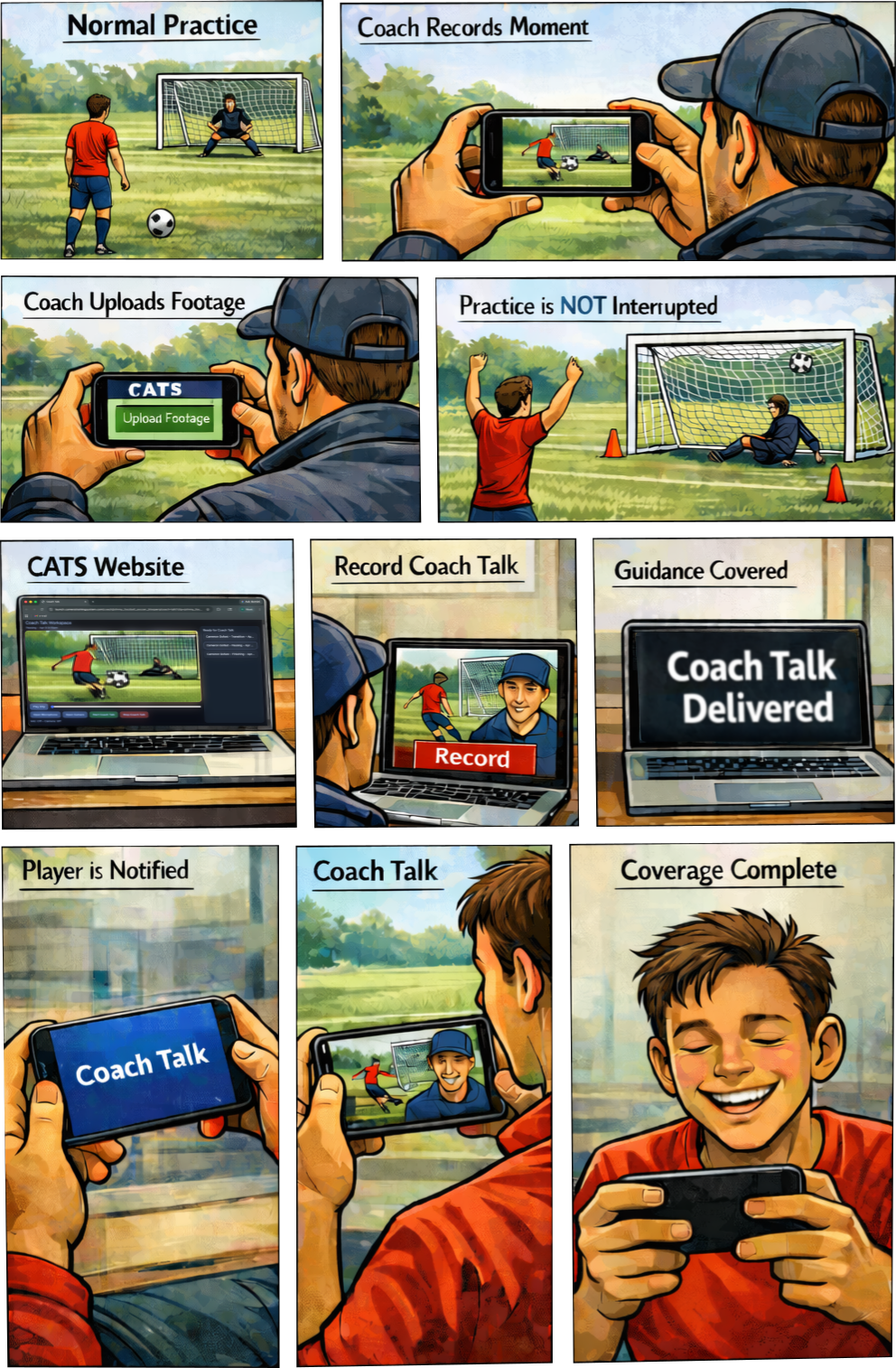 A comic-style visual that follows a real coaching moment from capture to Coach Talk — showing how guidance is delivered after the moment, not during it.
