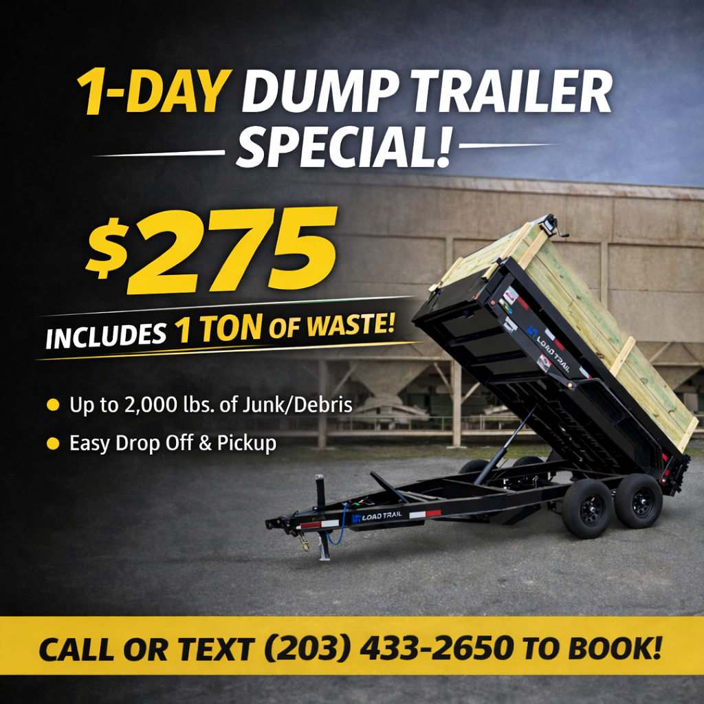Advertisement for a 1-day dump trailer rental special priced at $275, includes 1 ton of waste, up to 2,000 pounds of junk or debris, with easy drop off and pickup; features a black dump trailer with a raised bed and a partially green wooden container, set outdoors against a concrete wall.