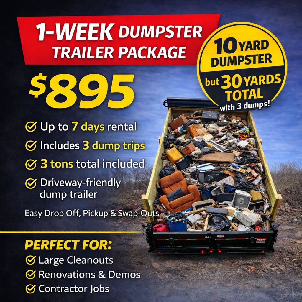 A red banner with white text reads '1-WEEK DUMPSTER TRAILER PACKAGE'. The price of $895 is displayed in large yellow text. The image shows a large dumpster filled with assorted trash, including furniture, debris, and miscellaneous items. Additional details mention rental up to 7 days, includes 3 dump trips, 3 tons included, driveay-friendly, with easy drop-off, pickup, and swap-outs. The package is ideal for large cleanouts, renovations, demos, and contractor jobs.