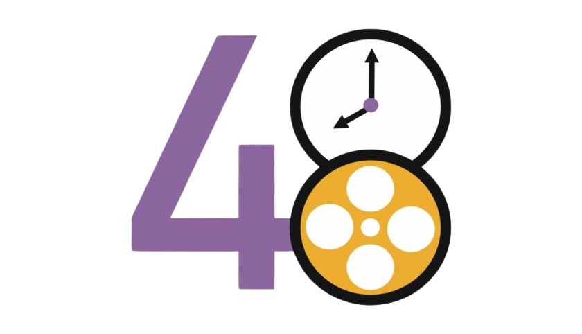 A purple number four with two overlapping circles containing clocks and gears, symbolizing time and mechanics.