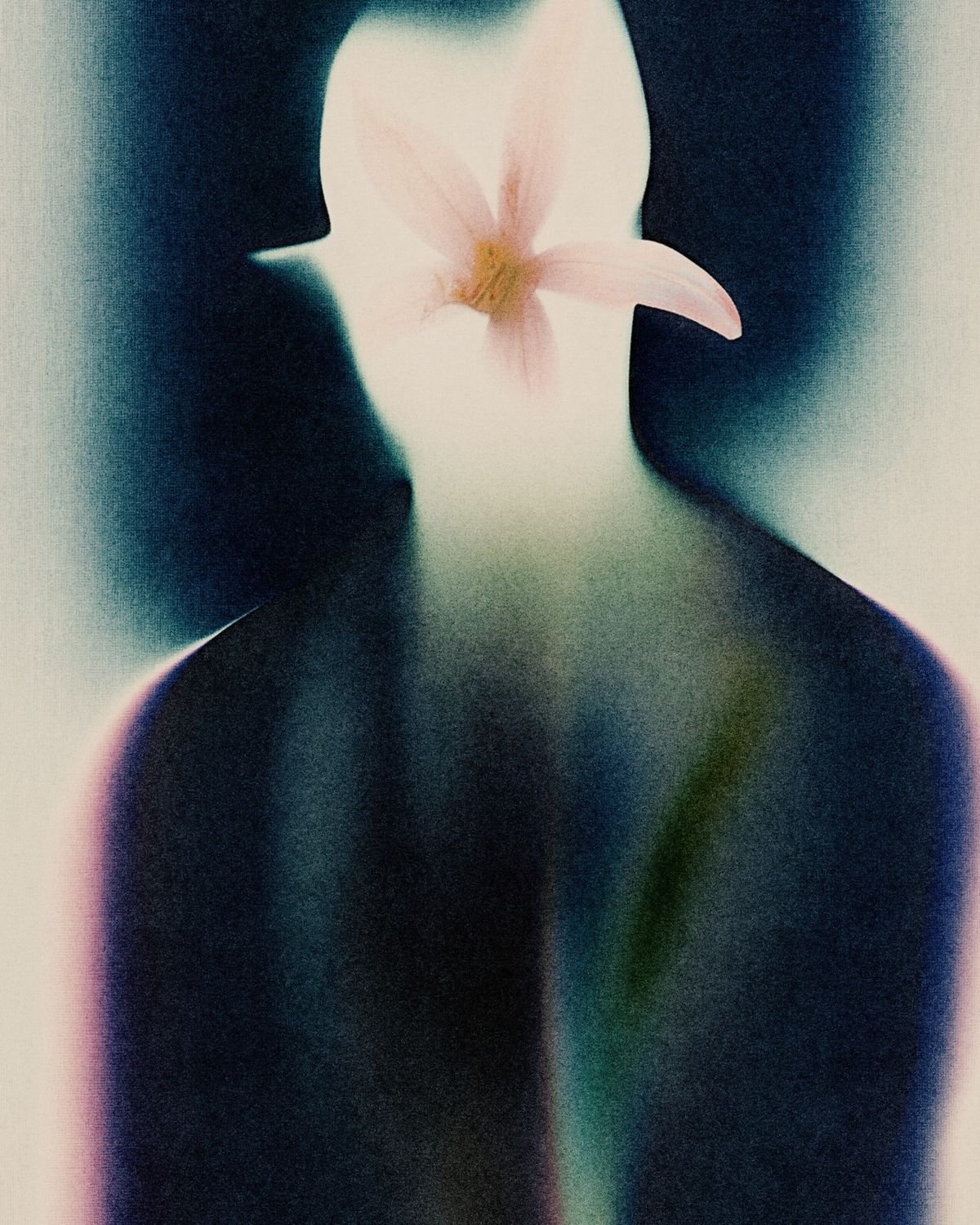 An abstract, artistic depiction of a female figure with a flower in front of her face, rendered in a high-contrast, distorted style with vibrant colors.