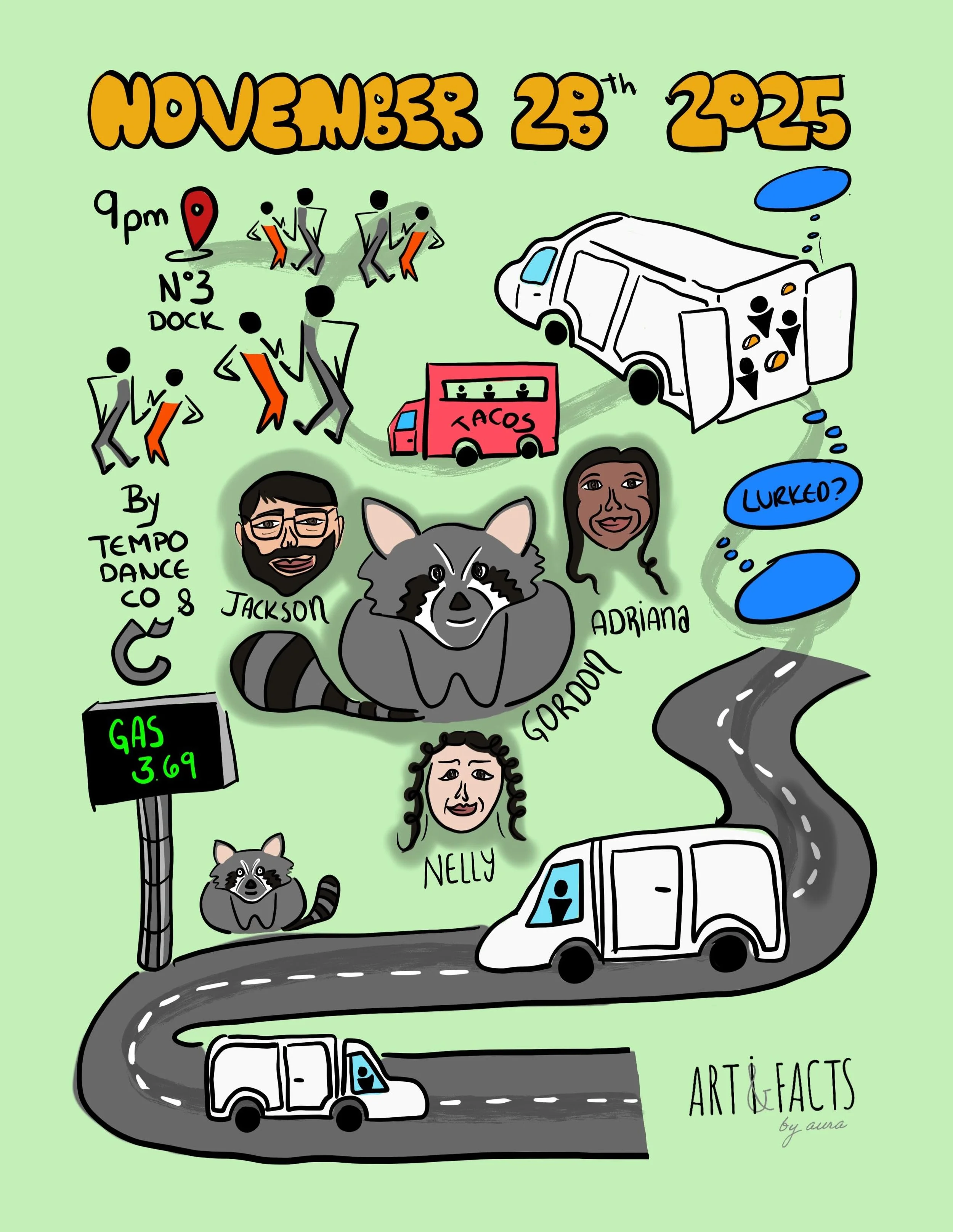 A dance floor glowing with friendly delight,
A white van softer than fear in the night,
Gordon the raccoon and three friends.
Not knowing that time later
The night would still glow in memory
Timeless as laughter under parking lot lights.

#memorymaps