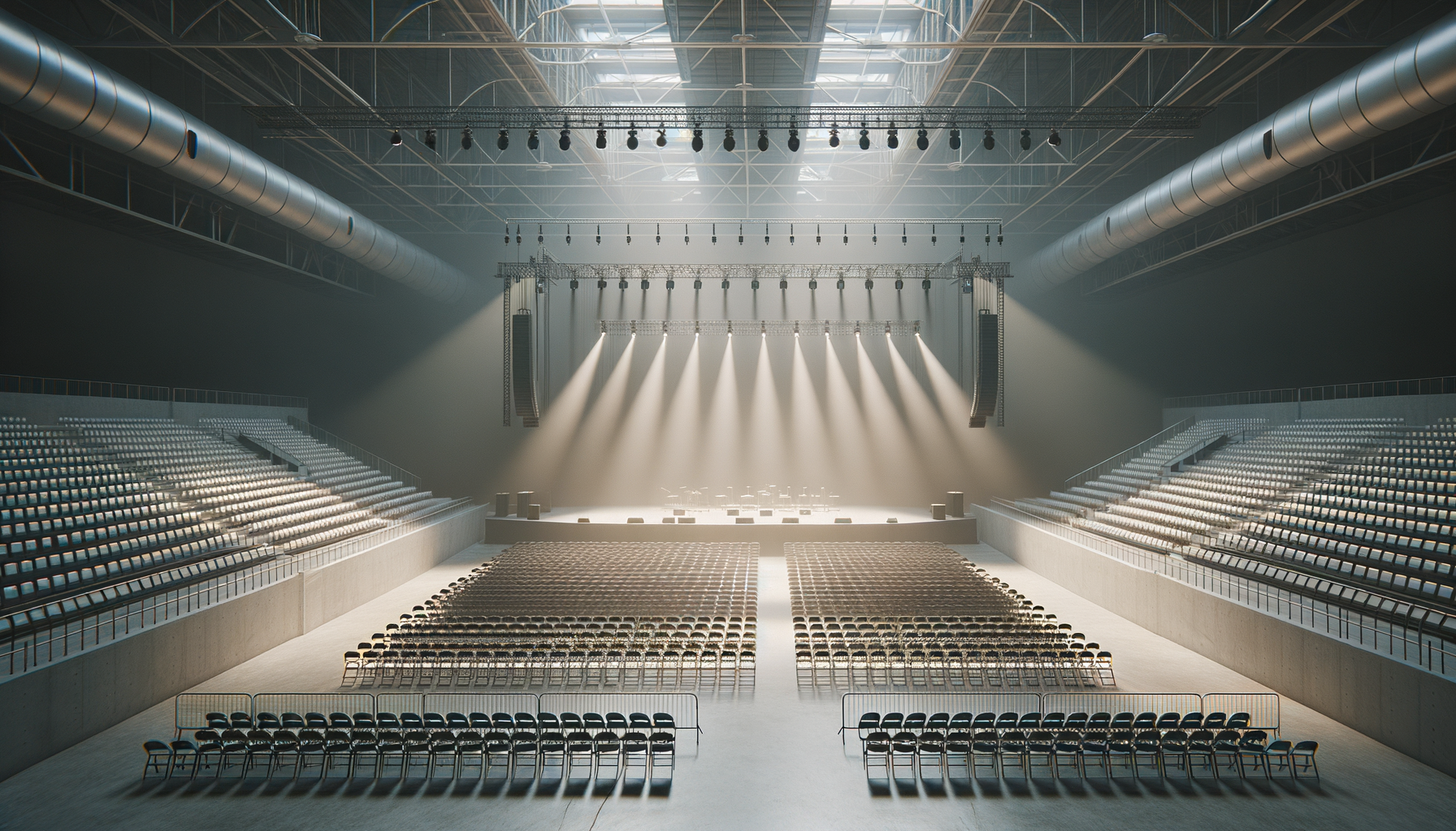 Empty indoor concert or event arena with a stage, rows of chairs, and lighting fixtures overhead.