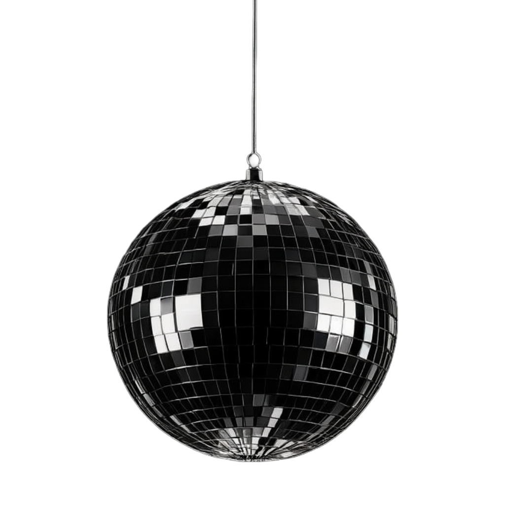 A black and silver disco ball hanging from a string against a black background.