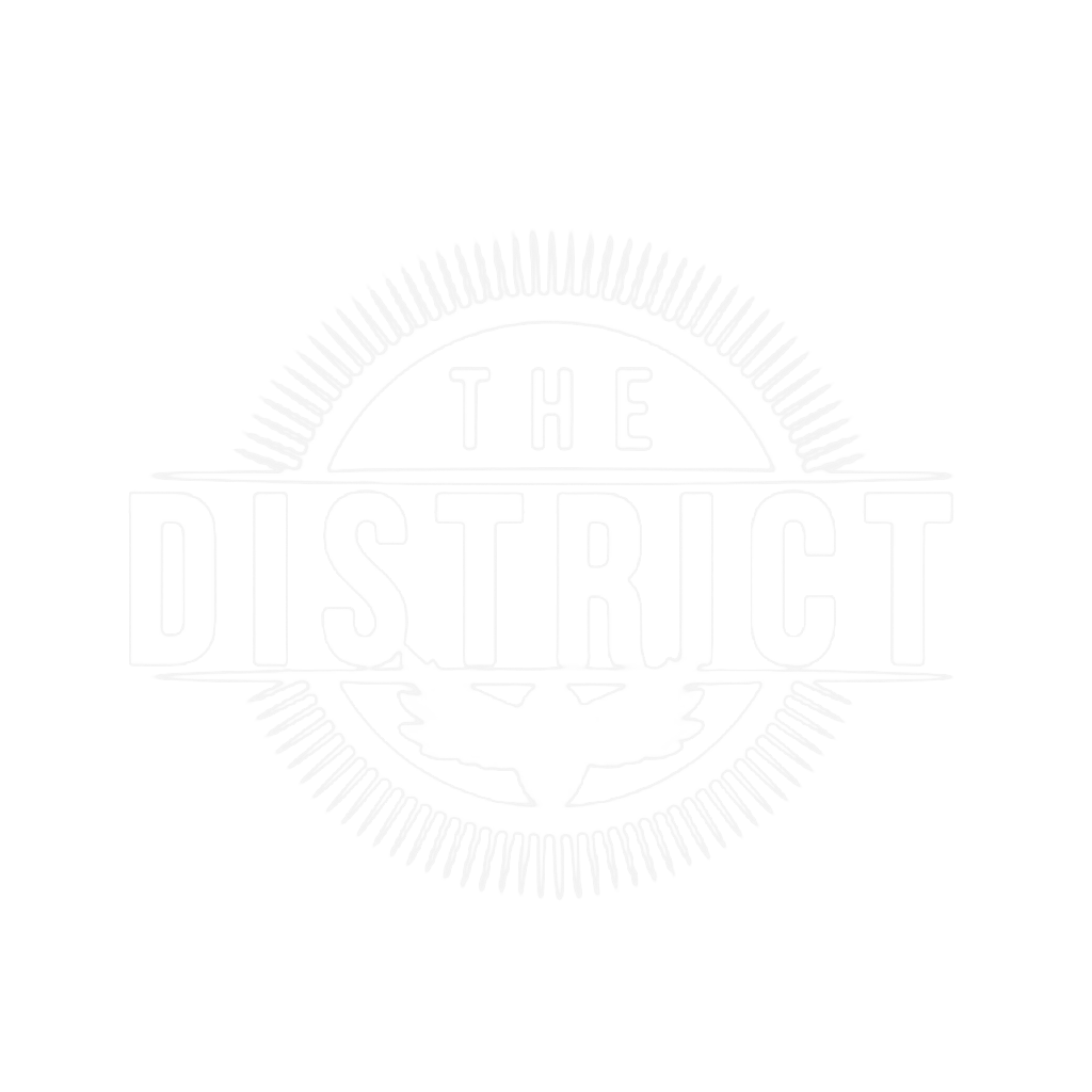 Logo for 'The District' featuring a stylized eagle with outstretched wings in a circular design with radiating lines, in black and white.