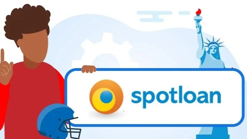 An illustration featuring a person holding a sign with the logo and name "spotloan," a football helmet, and iconic American imagery like the Statue of Liberty in the background, along with gears and clouds.