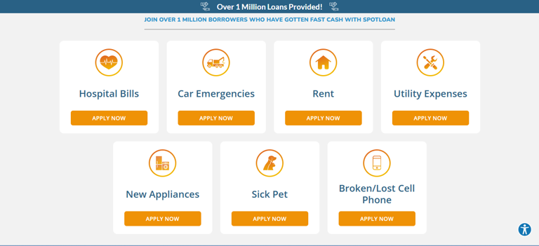 Screenshot of a financial loan website with options for borrowing for hospital bills, car emergencies, rent, utility expenses, new appliances, sick pet, and broken or lost cell phone, each with an orange "Apply Now" button.