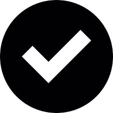 White checkmark on a black circular background