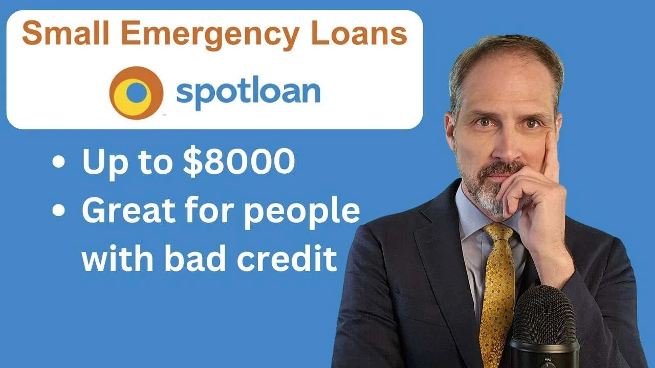 Advertisement for small emergency loans from Spotloan, offering up to $8,000, recommended for people with bad credit. Includes a photo of a man in a suit with a thoughtful expression, touching his face.