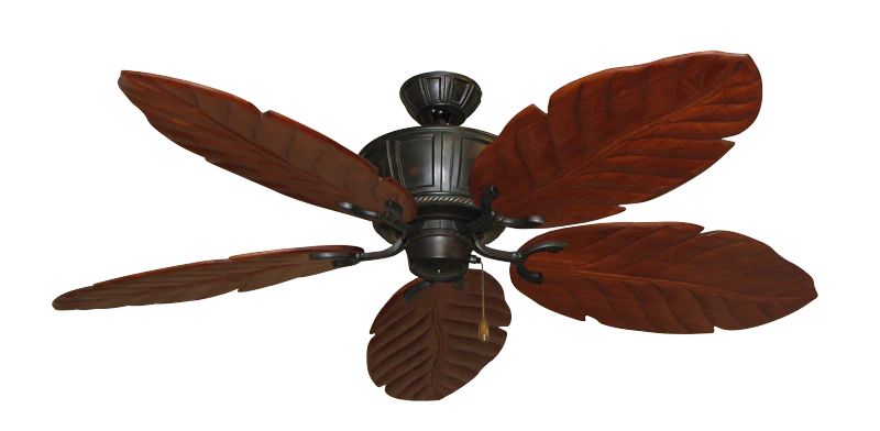 Ceiling fan with four wooden blades and a pull chain switch.