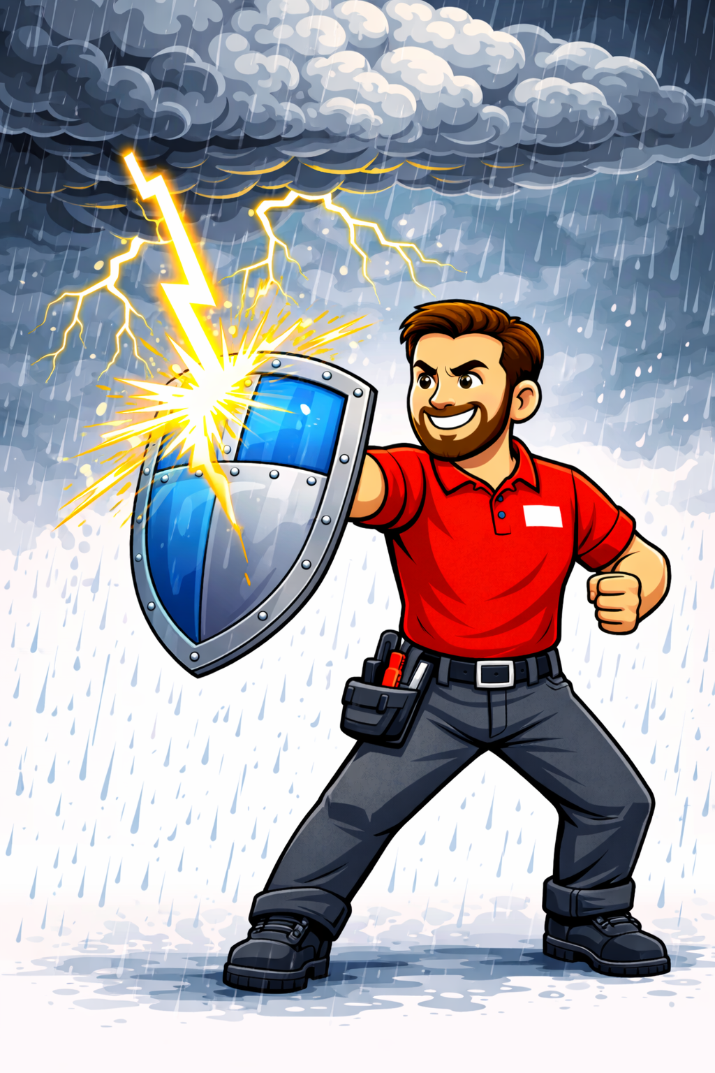 Cartoon man in red shirt holding a shield with lightning striking it during a storm.