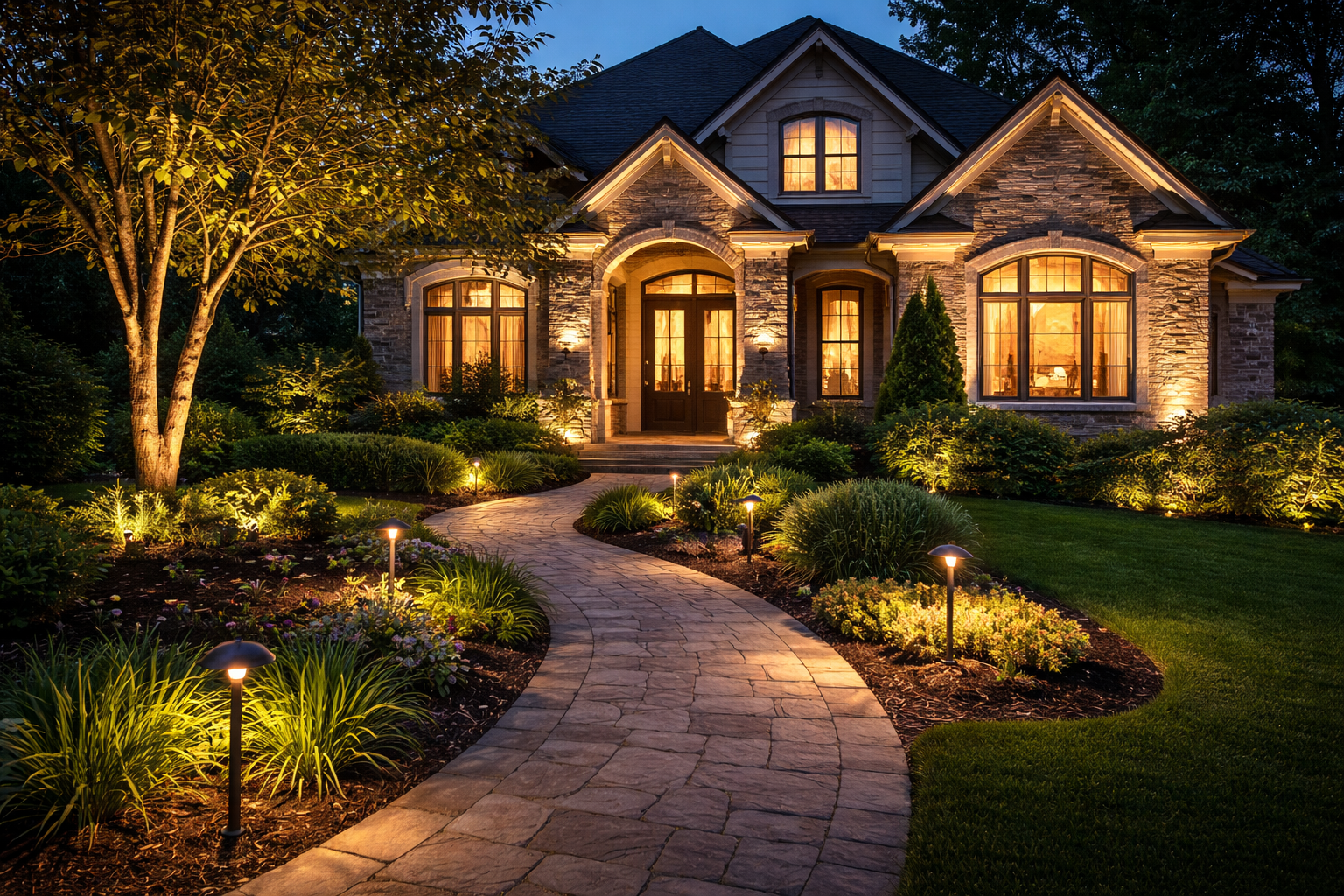 A well-lit house with a stone exterior, large windows, and a front door, surrounded by a landscaped garden with a curved stone pathway, lit garden lights, trees, bushes, and flowers at dusk.