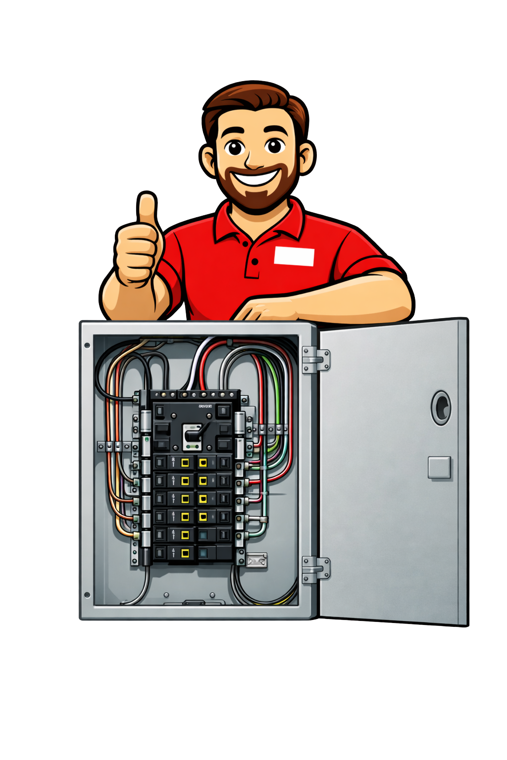 A smiling electrician giving a thumbs up next to an open electrical panel with wires and switches.