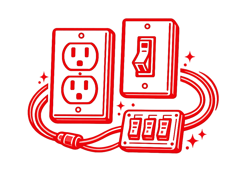 Red neon illustration of electrical outlets, switches, and power strips connected with cords, surrounded by sparkles.