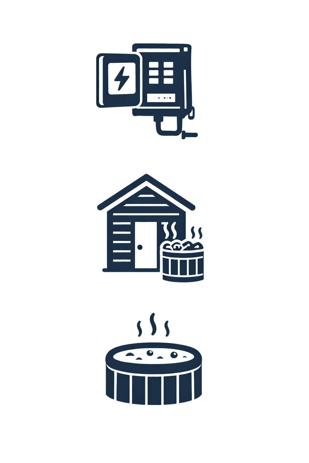 A diagram showing the process of geothermal heating: an electric panel supplies power, which heats the house and hot tub, both emitting steam.