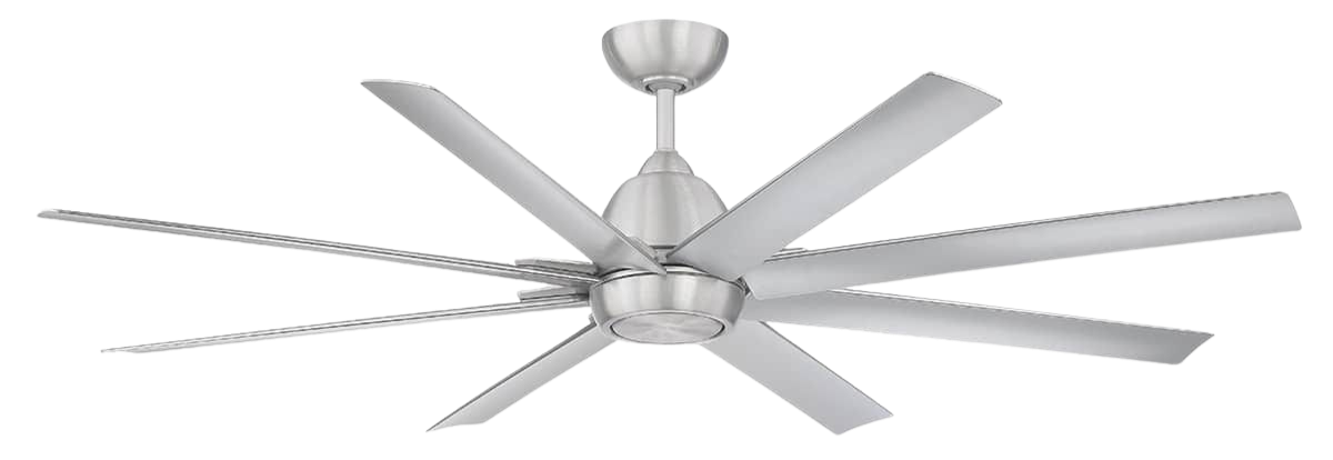 A modern ceiling fan with multiple silver blades