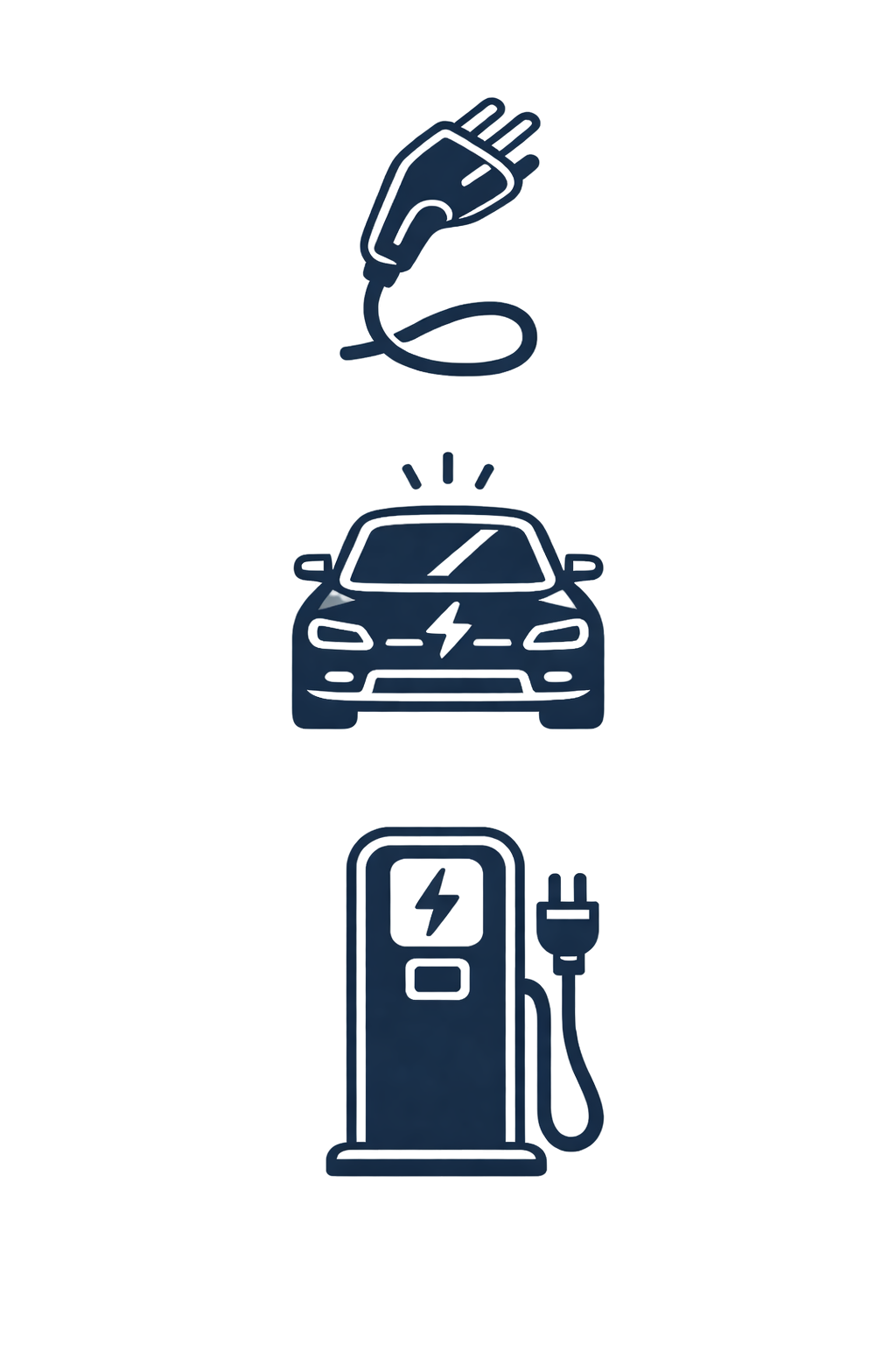 Icons representing electric vehicle charging: a charging plug, a car with a lightning bolt symbol, and a charging station with a power plug.