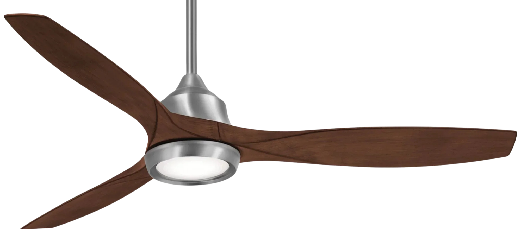 Modern ceiling fan with wooden blades and integrated light.