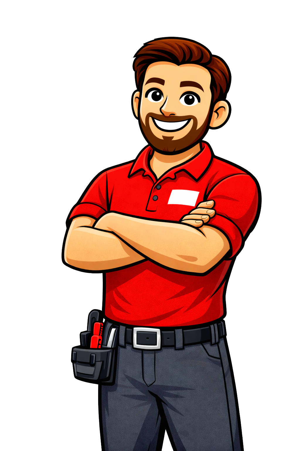 Cartoon illustration of a smiling man with a beard and brown hair, wearing a red polo shirt with a white patch, gray pants, and a tool belt with red and black tools, standing with arms crossed.