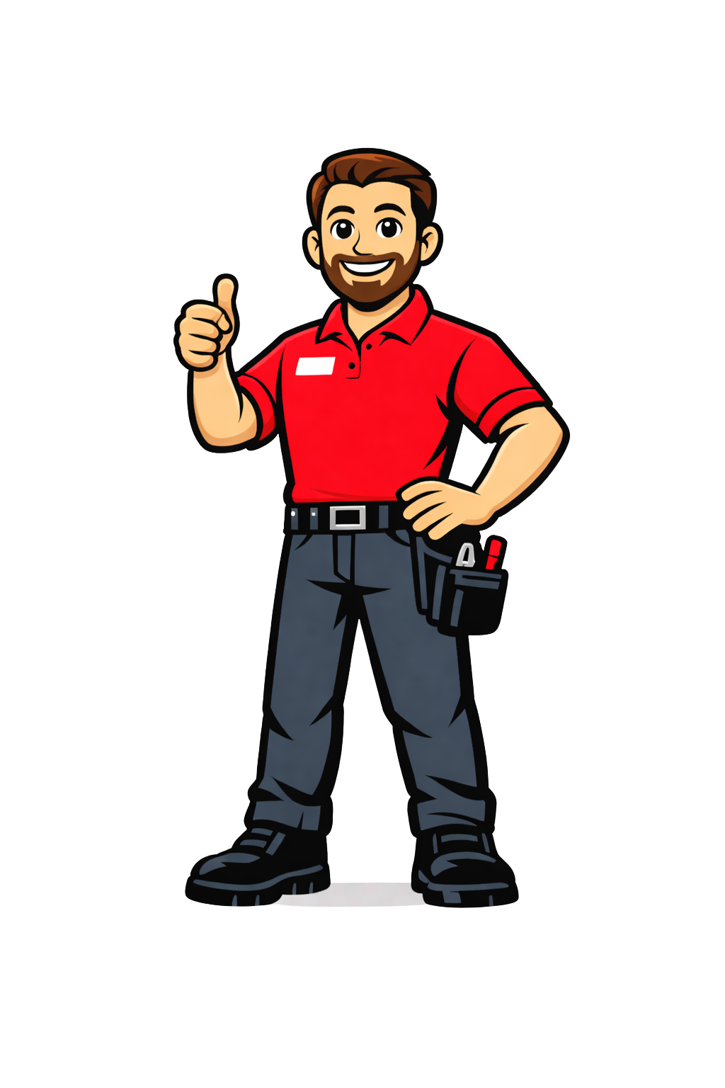 Cartoon male worker with a beard and brown hair, wearing a red shirt, dark gray pants, and black boots, giving a thumbs up and smiling.