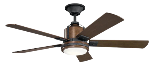 Ceiling fan with five wooden blades and a built-in light in the center