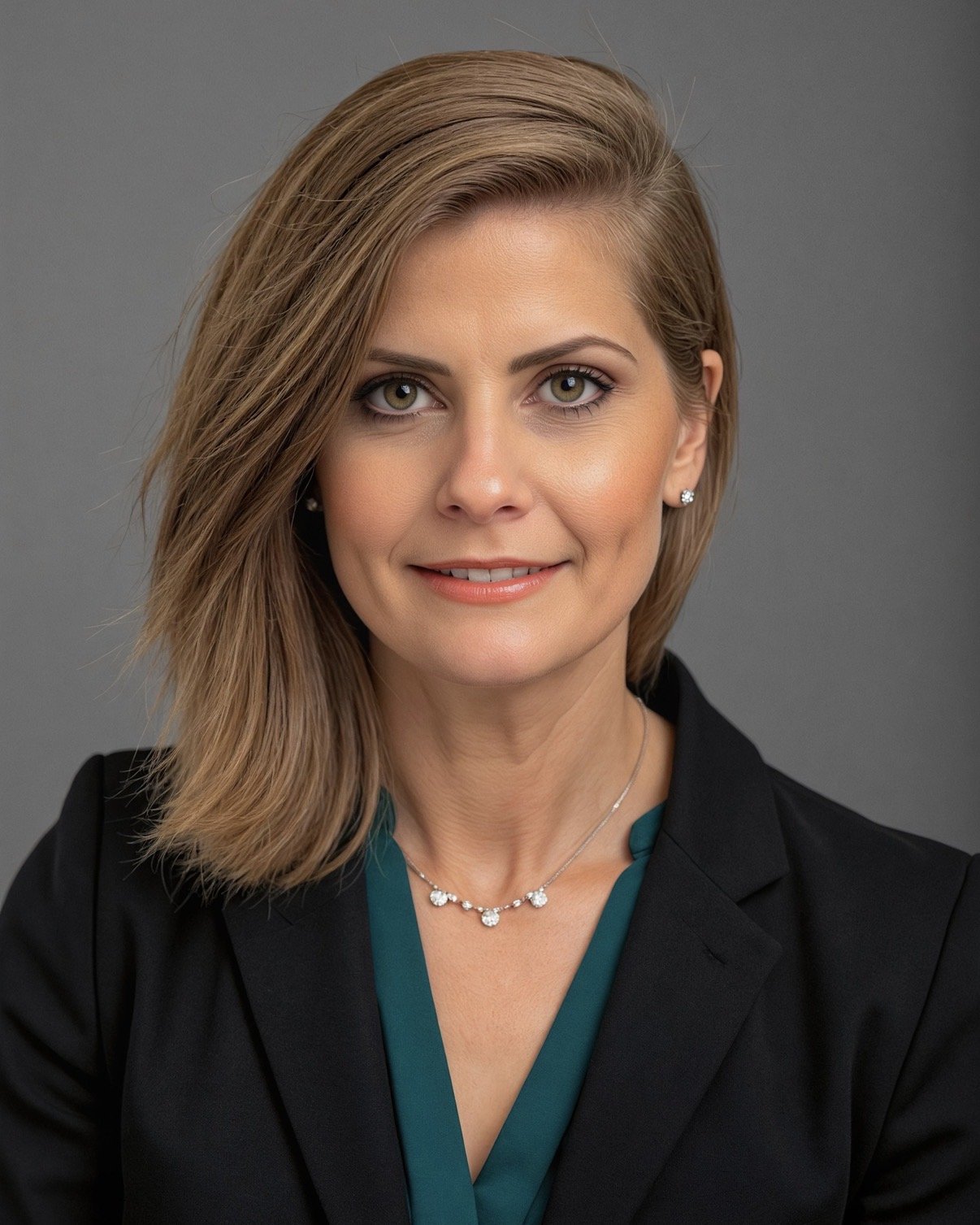 Portrait of a woman with shoulder-length light brown hair, wearing a black blazer, teal blouse, and jewelry, against a gray background.