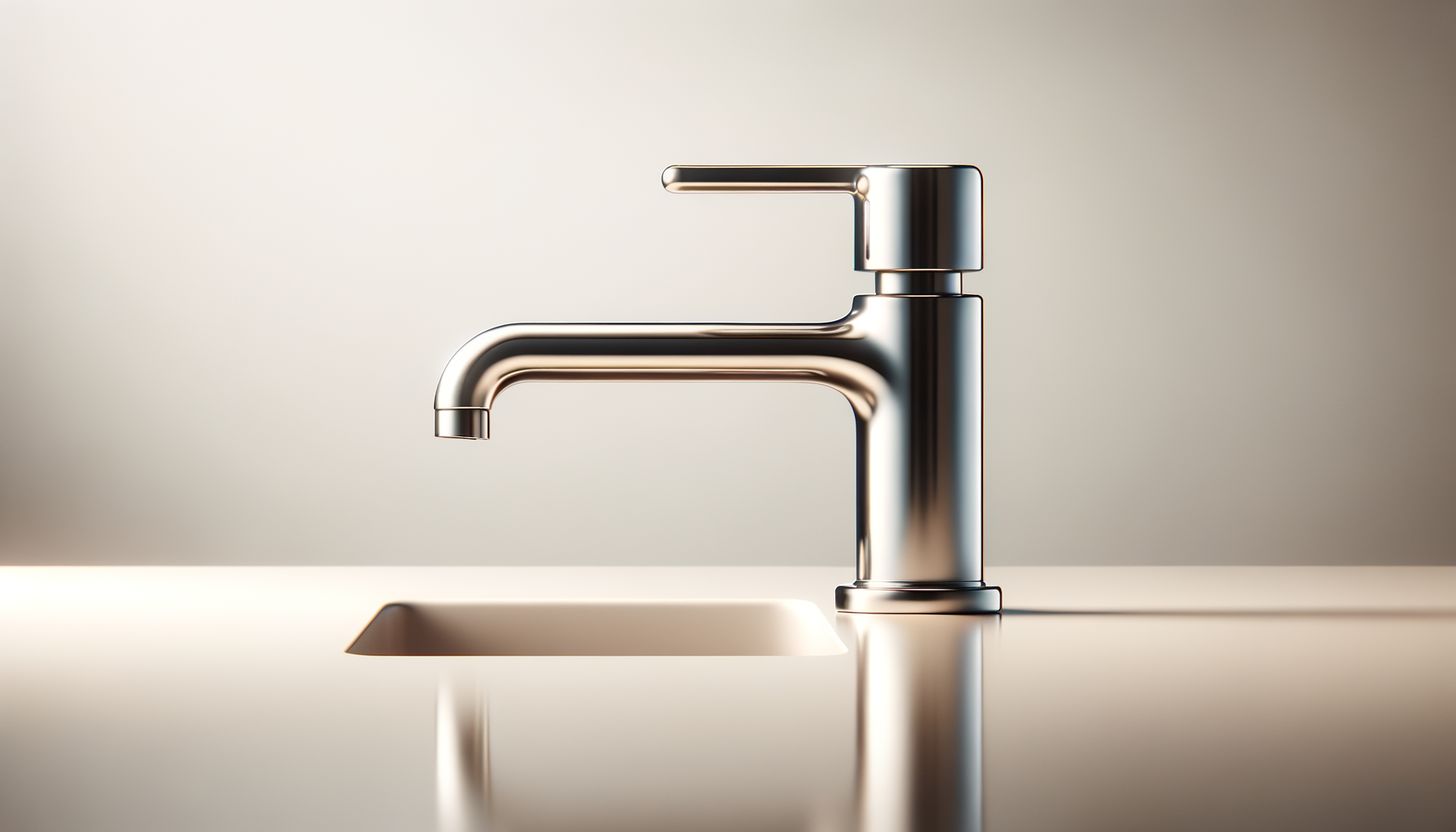A modern, shiny silver faucet mounted on a beige countertop with a sink opening, against a neutral background.