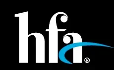 Logo with lowercase letters 'h', 'f', and 'i' in white on a black background, with a blue curved swoosh under the letters.