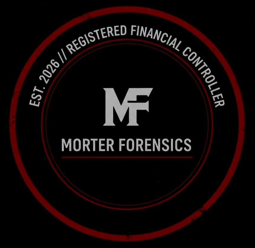 A black and red circular logo for Morter Forensics, established in 2026, featuring the initials 'MF' in gray and the company's name underneath.