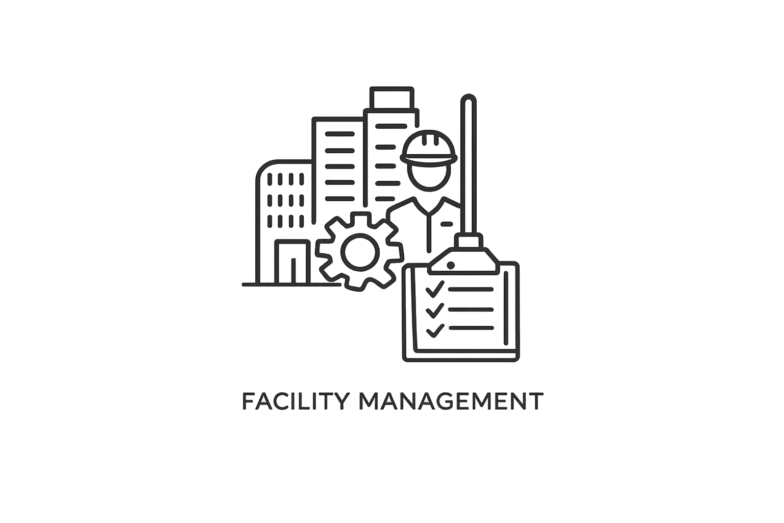 A line art illustration of a building, a gear, a worker wearing a hard hat, and a checklist clipboard, with the caption "Facility Management" underneath.