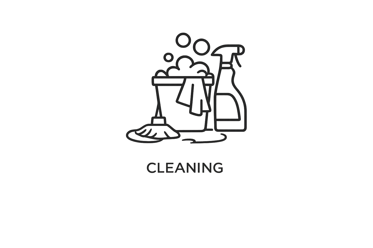 A line drawing icon of cleaning supplies including a mop, bucket with soap bubbles, a spray bottle, and a towel, with the word 'CLEANING' underneath.