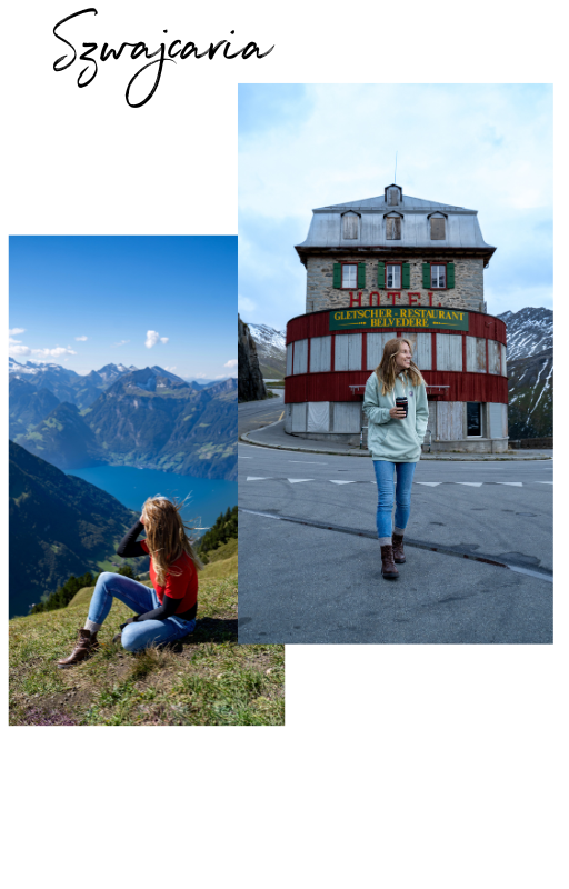 Girl sitting on grass overlooking mountains and lake, woman standing in front of a hotel building holding a drink and smartphone