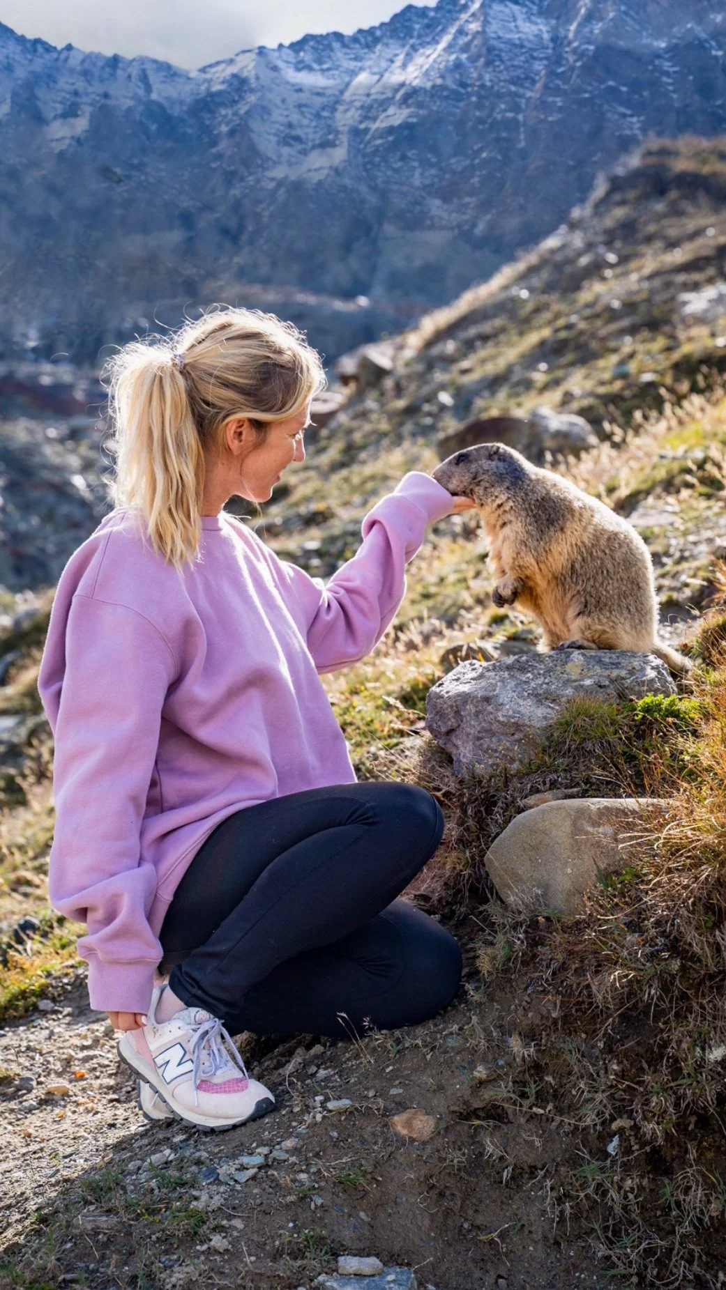 A woman in a pink sweatshirt and black pants kneels on the ground, reaching out to a marmot perched on a rock in a mountainous landscape with snow-capped peaks in the background.
