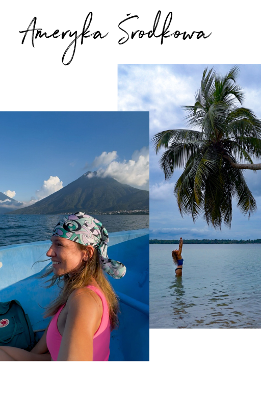 A woman in a pink swimsuit and colorful headscarf smiling on a boat with a volcano and clouds in the background, and a woman standing in water under a palm tree with a cloudy sky.