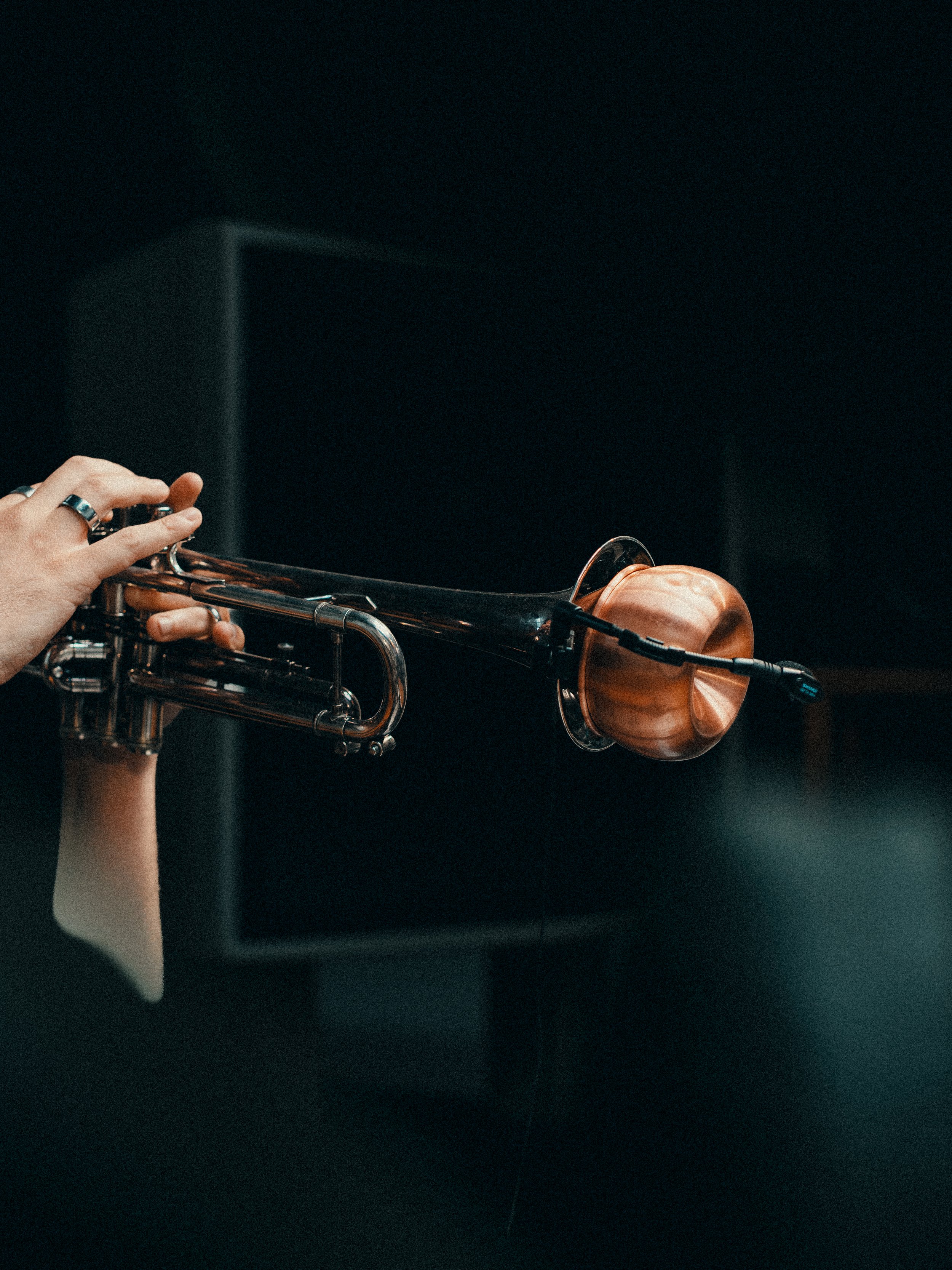 Hand holding a small brass trumpet against a dark background.