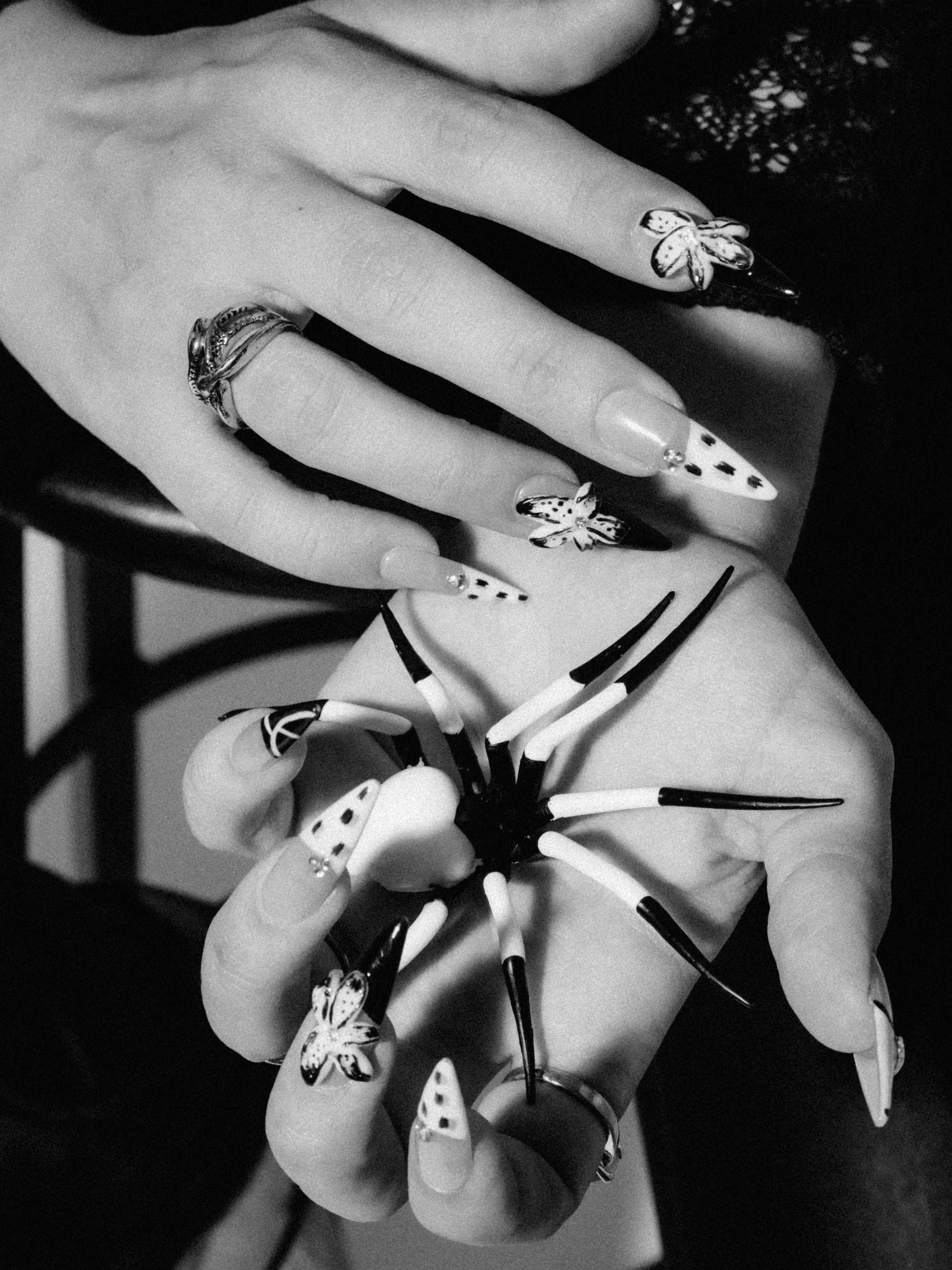 Close-up of a hand with long nail art featuring butterflies and polka dots, wearing rings and a watch, holding a spider-shaped prop with painted nails.