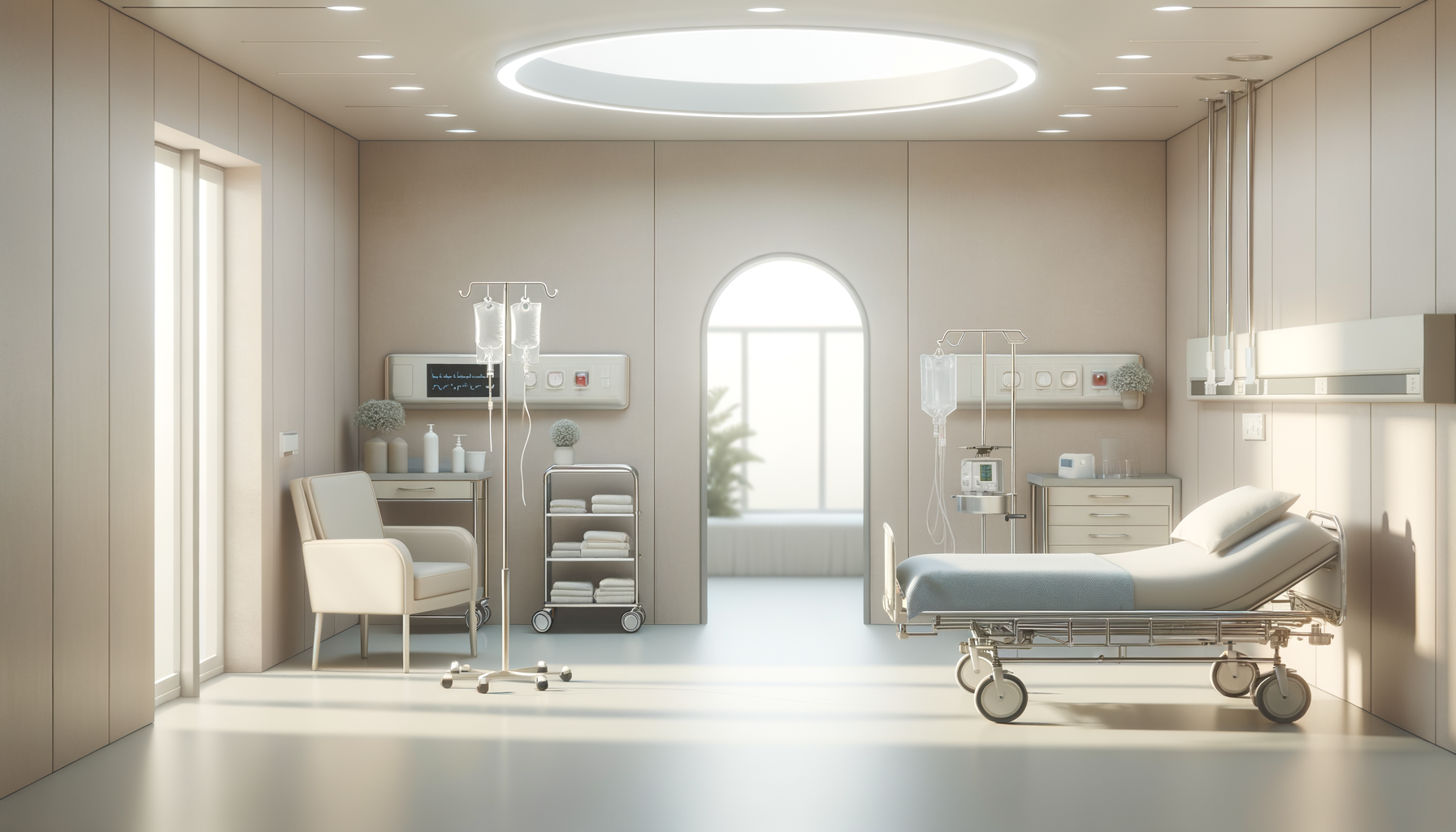 A hospital room with a patient bed, IV poles, medical equipment, a chair, and a cart, illuminated by natural light through large windows.