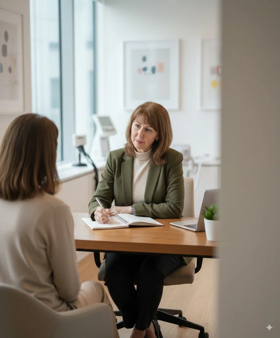 Naturopathic consultation at Urban Sense Wellness Melbourne, with Cheryl Penna supporting women's health in a calming clinic setting.